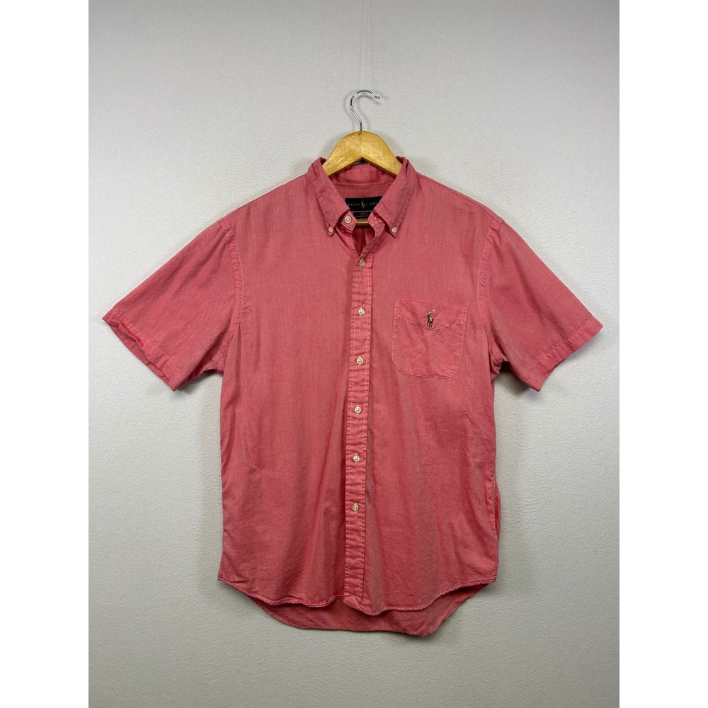 Preppy Polo Ralph Lauren Mens L Pink Slim Fit Chambray Oxford Short Sleeve Shirt